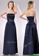 Fashionable Strapless Beaded Bust Long Prom Dress in Navy Blue