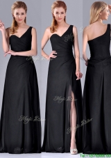 Gorgeous One Shoulder Black Prom Dress with Ruching and High Slit