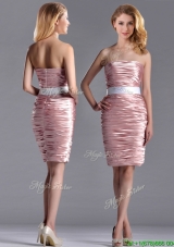 Lovely Column Peach Christmas Party Dress with Ruching and White Belt