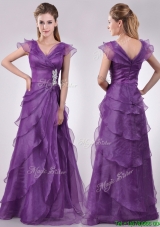 Low Price V Neck Eggplant Purple Prom Dress with Beading and Ruffles