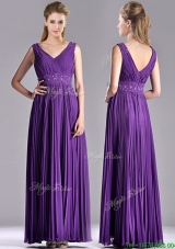 Luxurious V Neck Purple Prom Dress with Beading and Pleats