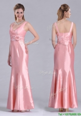 Modest V Neck Hand Crafted Flower Peach Prom Dress in Ankle Length