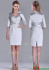 Popular Column Belted with Beading Silver Prom Dress with V Neck