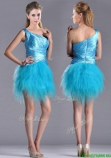 Wonderful One Shoulder Ruched and Ruffled Aqua Blue Christmas Party Dress in Tulle