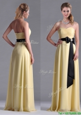 Popular Sweetheart Yellow Bridesmaid Dress with Ruching and Black Bowknot