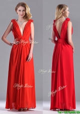 Elegant Deep V Neckline Red Dama Dress with Hand Crafted Flowers