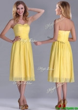 Cheap Pleated Yellow Chiffon Dama Dress in Tea Length