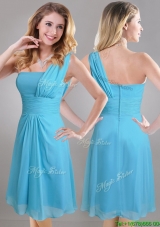 Elegant One Shoulder Ruched Chiffon Dama Dress in Aqua Blue