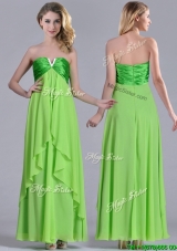 Pretty Beaded Decorated V Neck Spring Green Dama Dress in Ankle Length