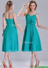 Spaghetti Straps Ruched and Belted Turquoise Dama Dress in Tea Length