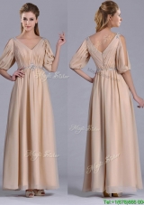 Elegant Beaded and Ruched V Neck Long Mother Dress in Champagne