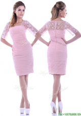 Elegant Ruched and Laced Square Baby Pink Mother Dress with Half Sleeves