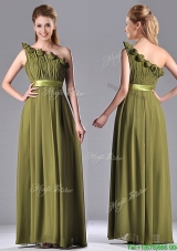 Empire One Shoulder Ruched and Belt Mother Dress in Olive Green