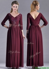 Latest Beaded V Neck Burgundy Mother Dress with Three Fourth Length Sleeves