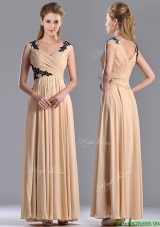 Latest Cap Sleeves Champagne Mother Dress with Black Appliques