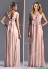 Elegant Empire Chiffon Ruching Long Pink Mother Dress with V Neck
