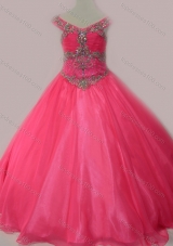 Cute Beaded Bodice Zipper Up Little Girl Pageant Dress in Hot Pink