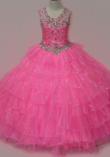 Pretty Rose Pink Little Girl Pageant Dress with Beading and Ruffled Layers