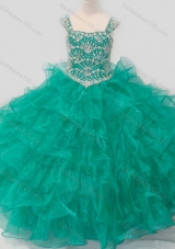 Top Selling Princess Straps Organza Turquoise Lace Up Mini Quinceanera Dress with Beading