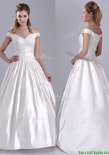Exquisite Ball Gown Off the Shoulder Brush Train Beaded Wedding Dress in Satin