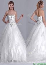 Luxurious Strapless Princess Brush Train Beaded Wedding Dress in Tulle