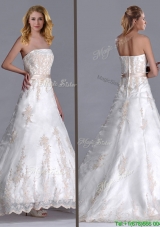 Popular Princess Strapless Applique and Belted Wedding Dress with Brush Train