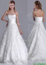 Affordable A Line Brush Train Ruched Wedding Dress with Rolling Flowers
