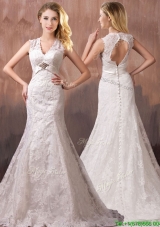 Classical Mermind V Neck Lace and Sashes Wedding Dresses with Shade Back