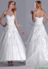 Popular A Line Brush Train Tulle Zipper Up Wedding Dress with Beading and Lace
