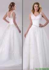 Beautiful A Line V Neck Court Train Wedding Dress with Beading and Sequins