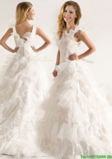 Fashionable Applique and Ruffled Layers Wedding Dresses with Deep V Neck