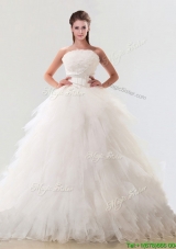 Fashionable Strapless Tulle Wedding Dresses with Beading and Ruffles