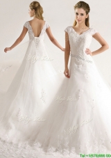 Romantic Laced and Applique Short Sleeves Wedding Dresses with Court Train