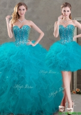 New Arrivals Beaded and Ruffled Teal Detachable Quinceanera Skirts in Organza
