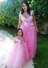 2016 Beautiful Deep V Neckline Prom Dress with Appliques and Hot Sale Rose Pink Little Girl Dress with See Through Scoop