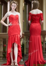 2016 Cheap Column High Low Red Bridesmaid Dresses with Brush Train