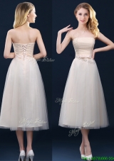 2016 Low Price Strapless Belt Champagne Long Bridesmaid Dressess in Tulle