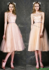 2016 Romantic Laced and Sashed Scoop Bridesmaid Dresses in Peach