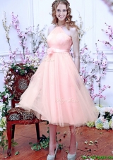 Beautiful Halter Top Baby Pink Dama Dresses  with Hand Made Flowers