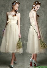 See Through Scoop Champagne Bridesmaid Dresses with Hand Made Flowers and Appliques