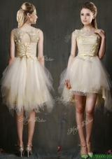 See Through Scoop Champagne Dama Dresses with Appliques and Belt