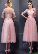 2016 Comfortable Scoop Half Sleeves Prom Dresses with Hand Made Flowers and Appliques