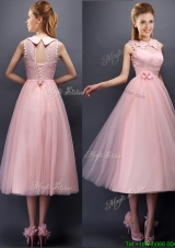 Discount Hand Made Flowers and Laced High Neck  Prom Dresses in Baby Pink