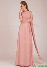 Elegant Empire One Shoulder Ruched Peach Long Dama Dresses