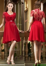 Elegant See Through Back Red Short Dama Dresses with Short Sleeves