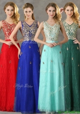 Fashionable V Neck Long Prom Dresses  with Appliques and Beading