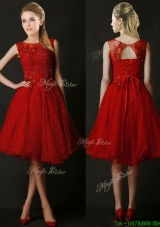 Modest Knee Length Red  Dama Dresses  with Beading and Appliques