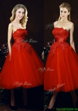 Perfect Puffy Skirt Strapless Applique Tea Length Red Prom Dresses