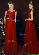 Popular Belted Empire Scoop Red Prom Dresses  with Brush Train