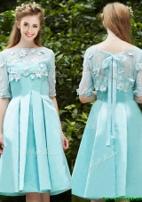 See Through Bateau Half Sleeves Appliques  Prom Dresses  in Apple Green